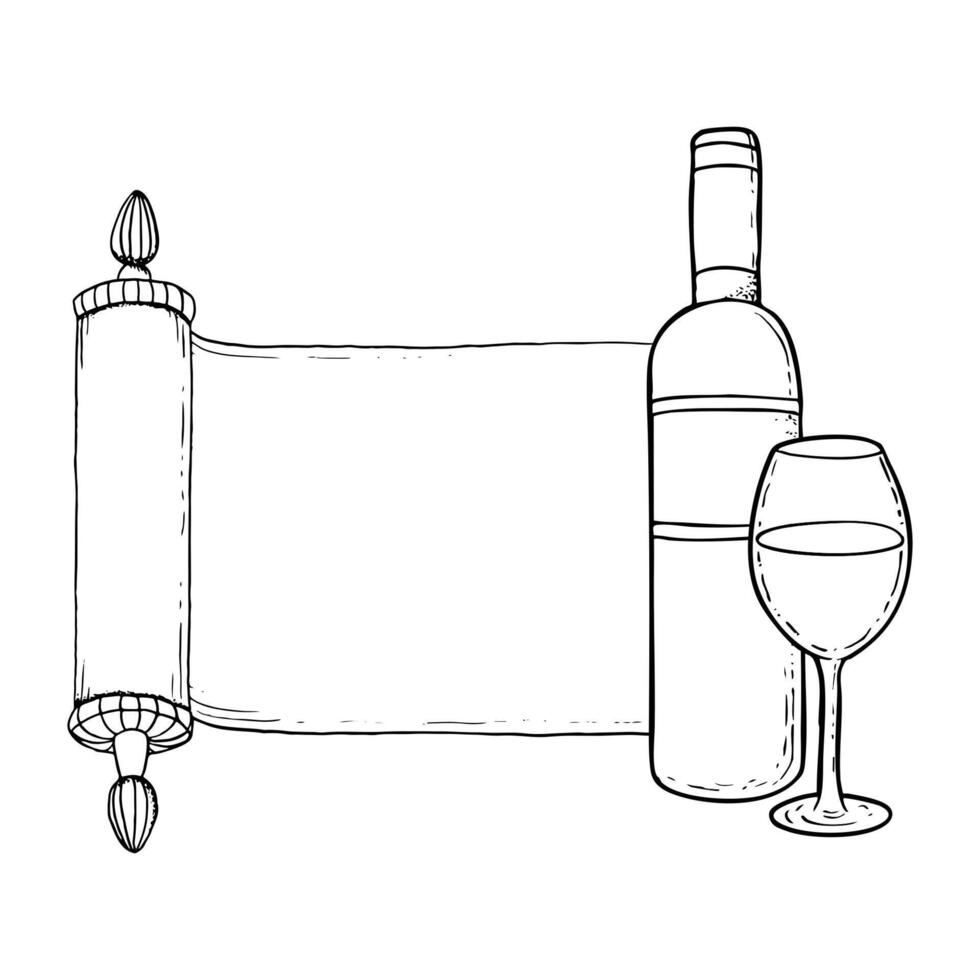 Black and white paper scroll with wine bottle and glass simple line illustration for coloring. Purim greeting banner template for Jewish holiday with Torah vector