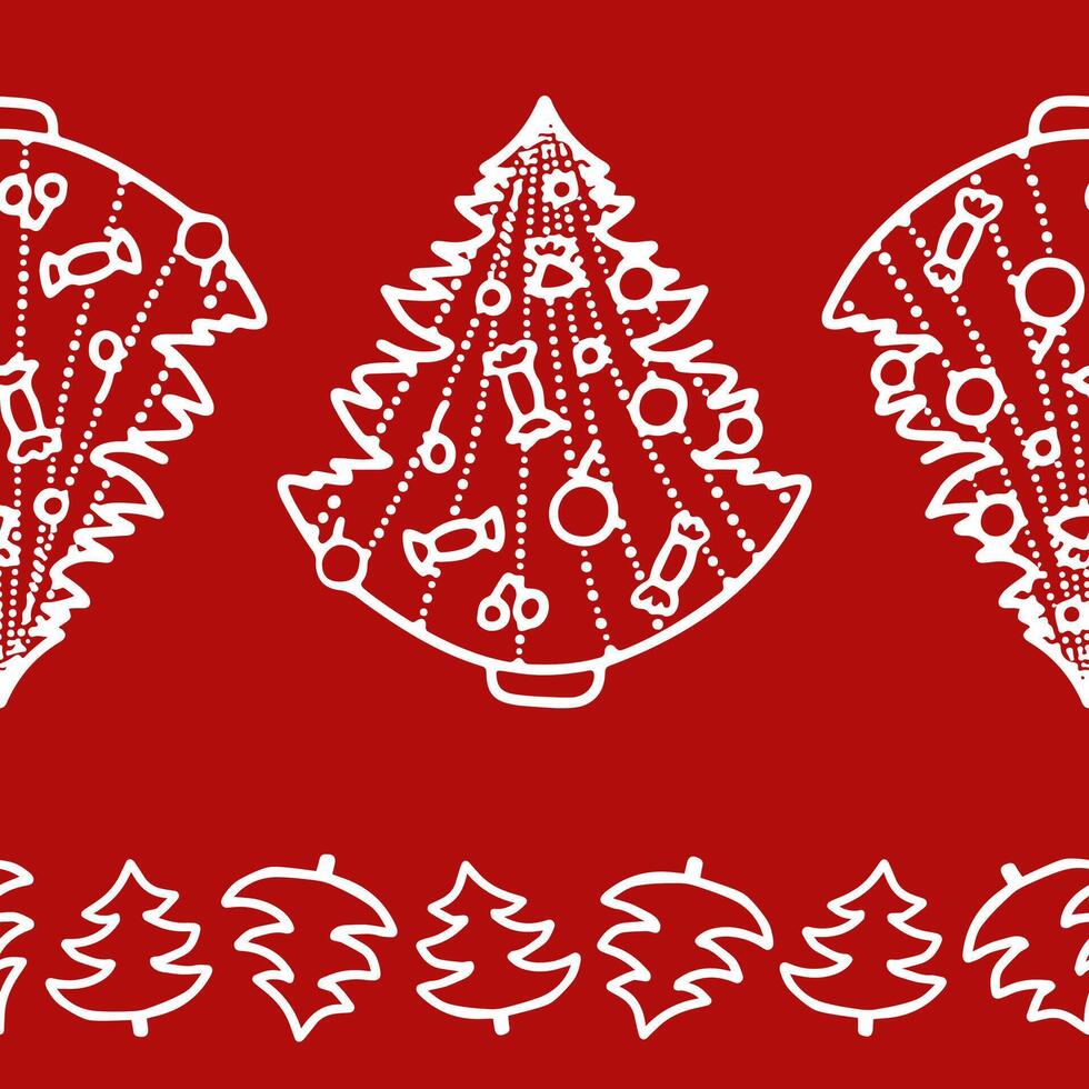 Seamless Christmas and New Year border pattern with white hand-drawn Christmas trees on a red background vector