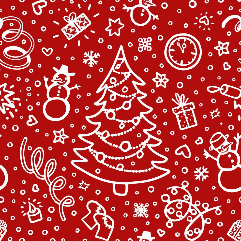Seamless Christmas and New Year pattern with festive tree and holiday elements on a red background vector