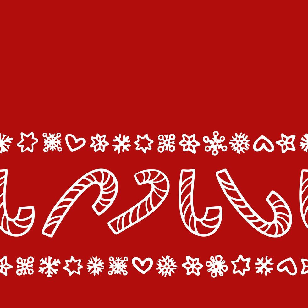 Christmas candy cane border pattern with snowflakes, stars and hearts on red vector