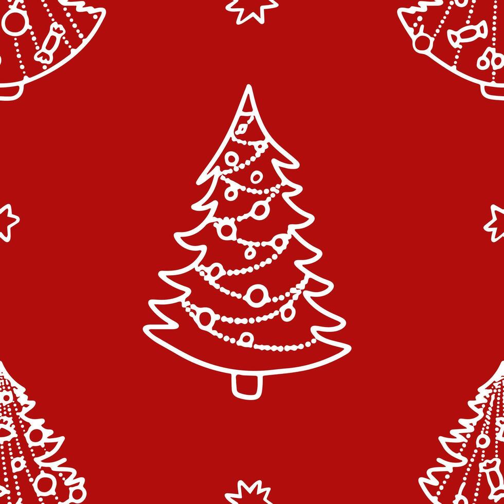 Seamless Christmas pattern with hand-drawn trees and decorations on a red background vector