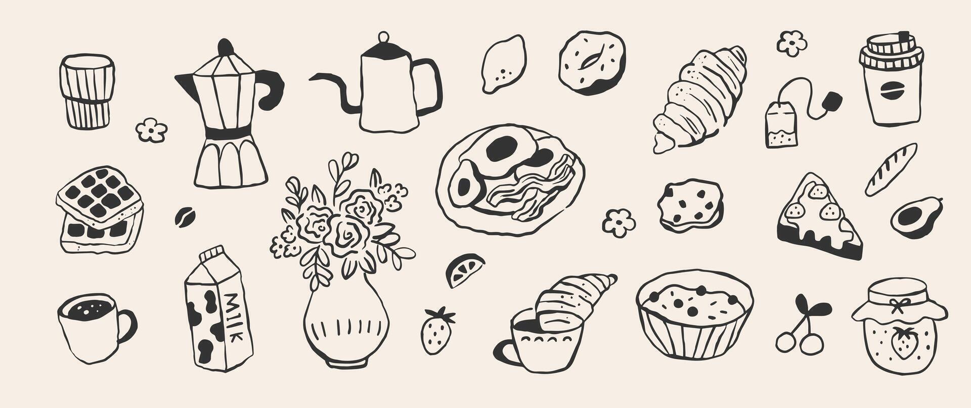 Hand drawn outline dining doodles. Breakfast food. Cup of coffee, flower in vase. Art for greeting cards, wedding invitations vector