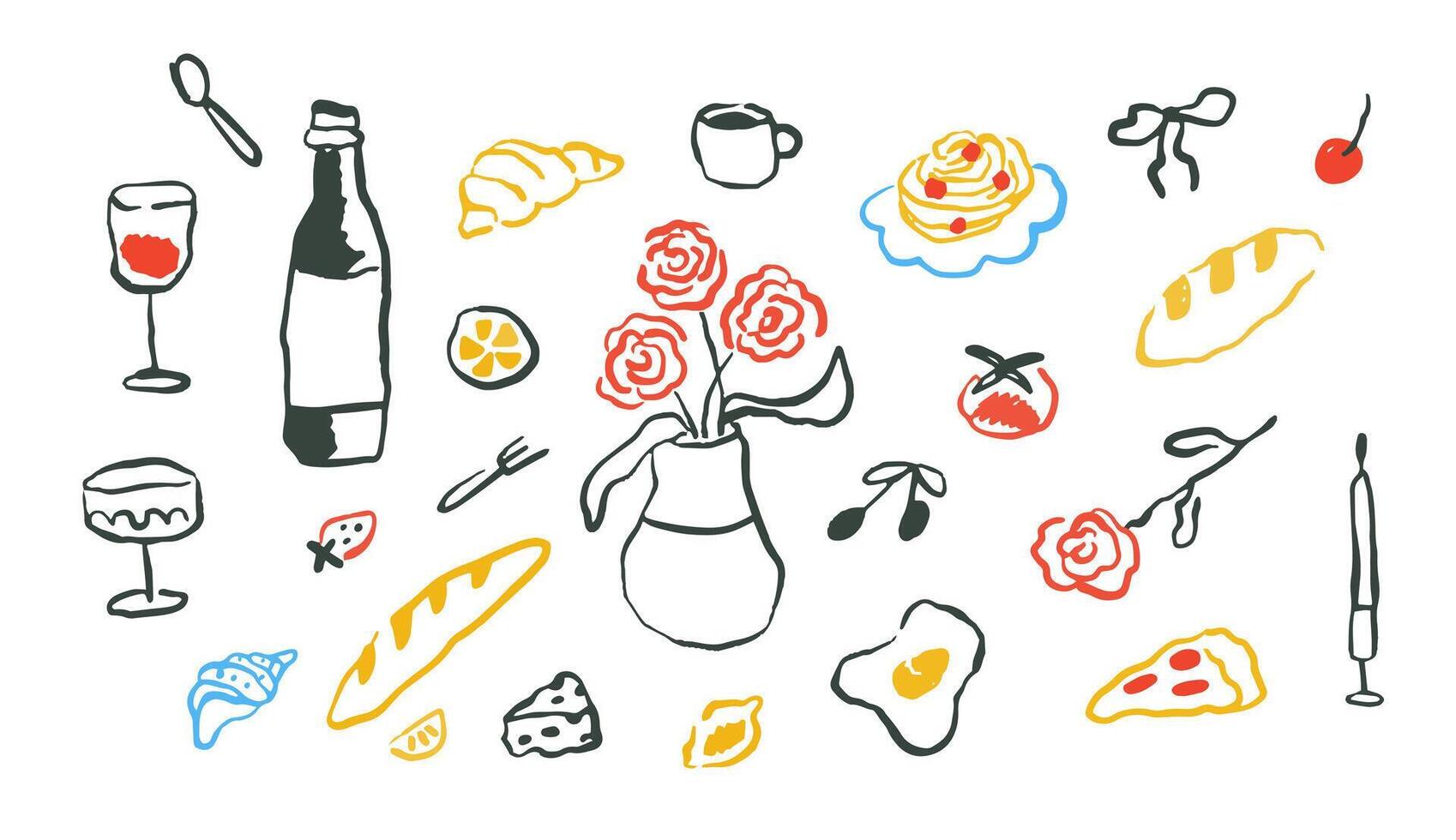 Hand drawn rough simple Italian cuisine food in doodle ink style. Set of abstract color food for menu. Wine glass, croissant on isolated background vector