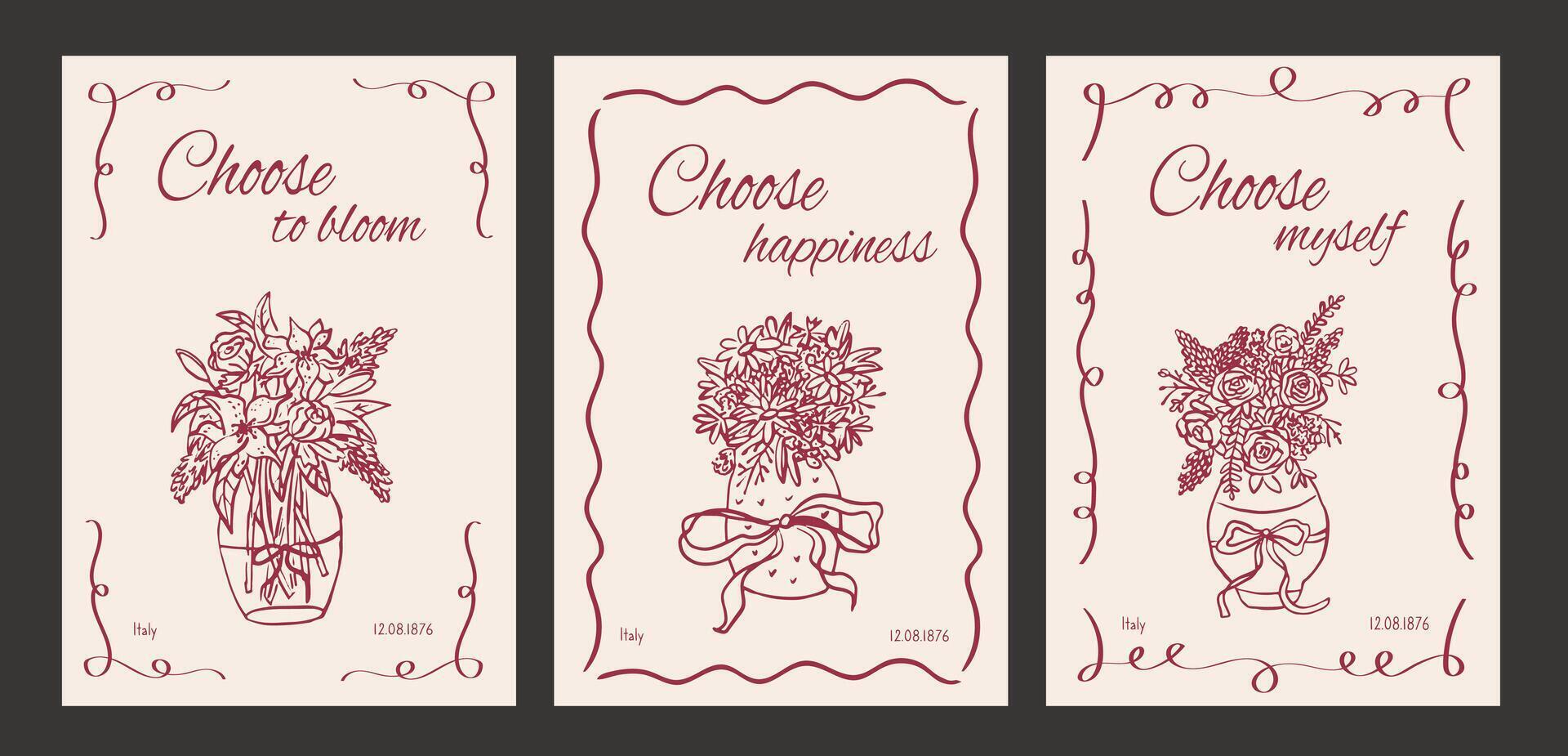 Vertical poster with abstract doodle flower with shot motivate phrase. Set of ink outline Flower Vase in vintage retro style. Hand drawn line art bouquet. vector