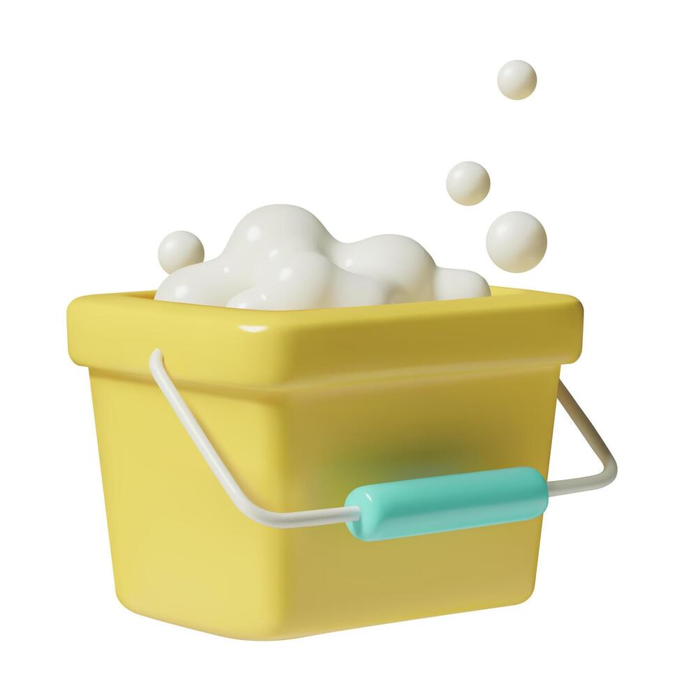 Yellow bucket 3d icon with suds and bubbles realistic house cleaning and illustration vector