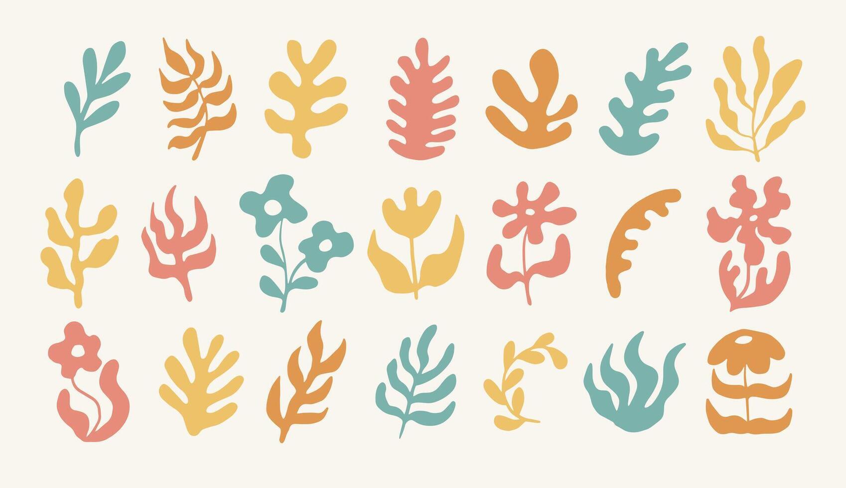Set of groovy retro wavy floral elements. Botanical abstract flowers and plants in flat funky style. vector