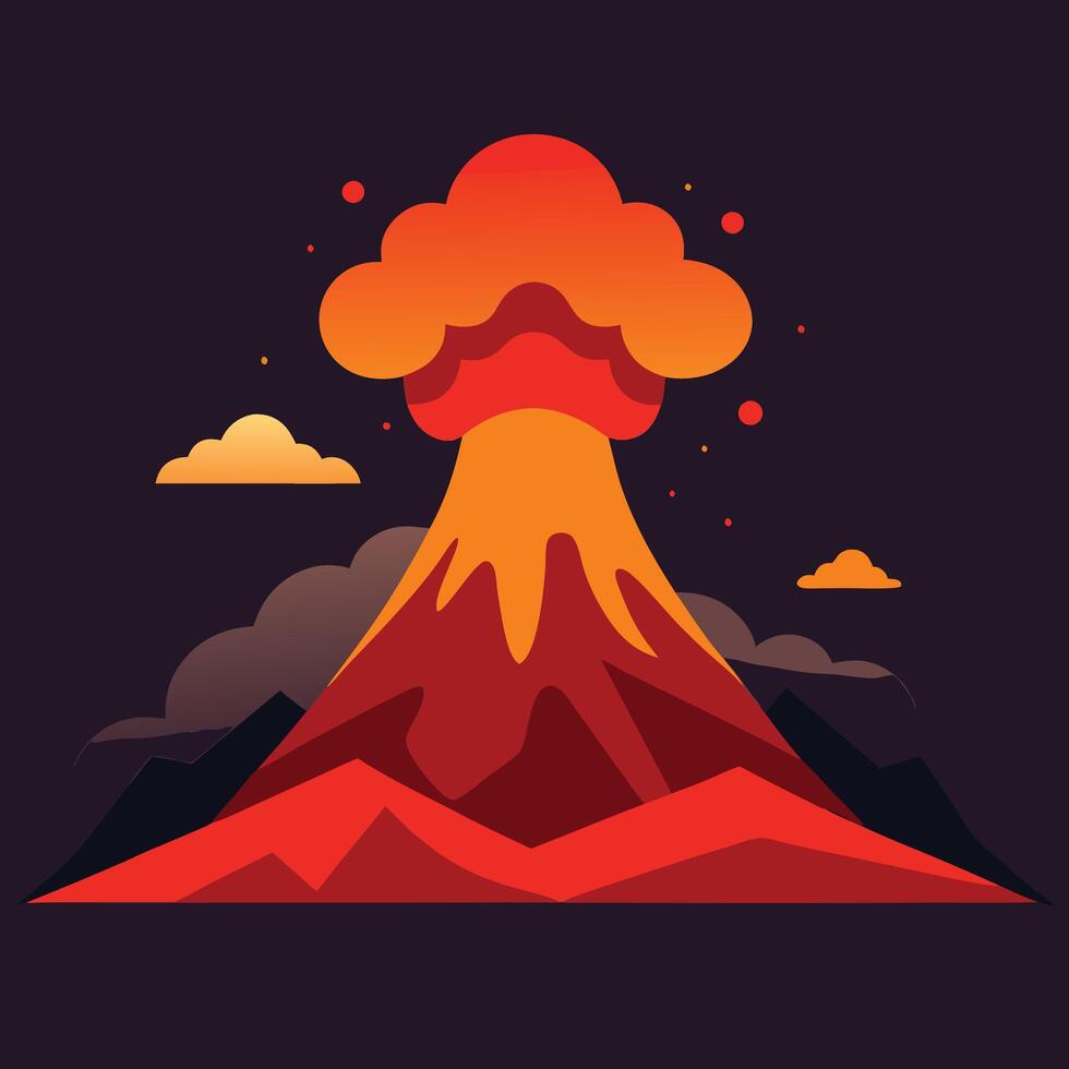 Illustrate a flat design of a volcanic mountain erupting with vibrant lava and ash clouds rising into the sky. vector