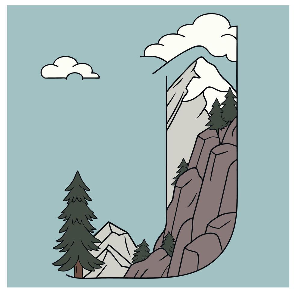 Design the letter 'J' as a sharp mountain peak with snowy textures, evergreen trees, and rugged rock formations for an alpine feel. vector
