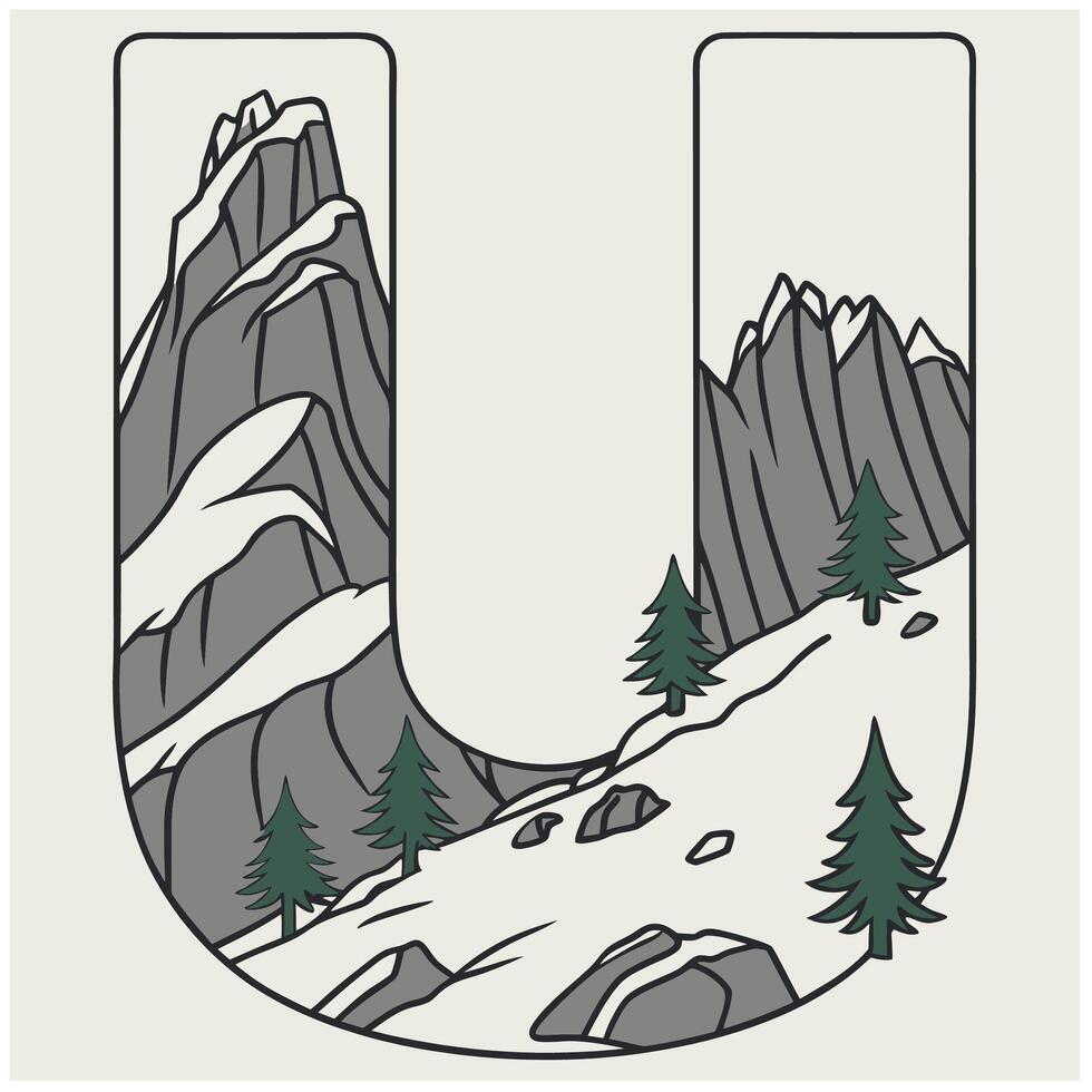 Design the letter 'U' as a sharp mountain peak with snowy textures, evergreen trees, and rugged rock formations for an alpine feel. vector