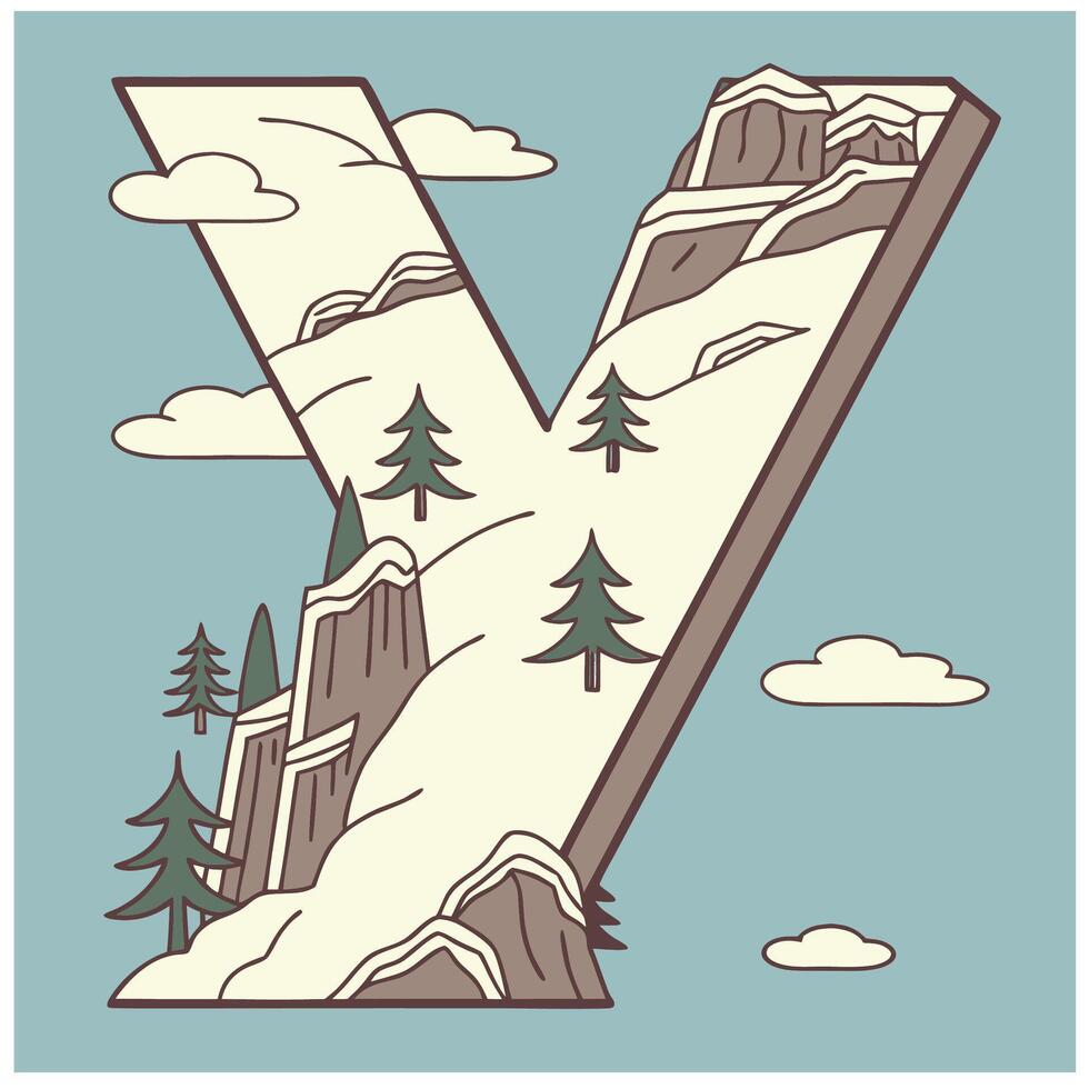 Design the letter 'Y' as a sharp mountain peak with snowy textures, evergreen trees, and rugged rock formations for an alpine feel. vector