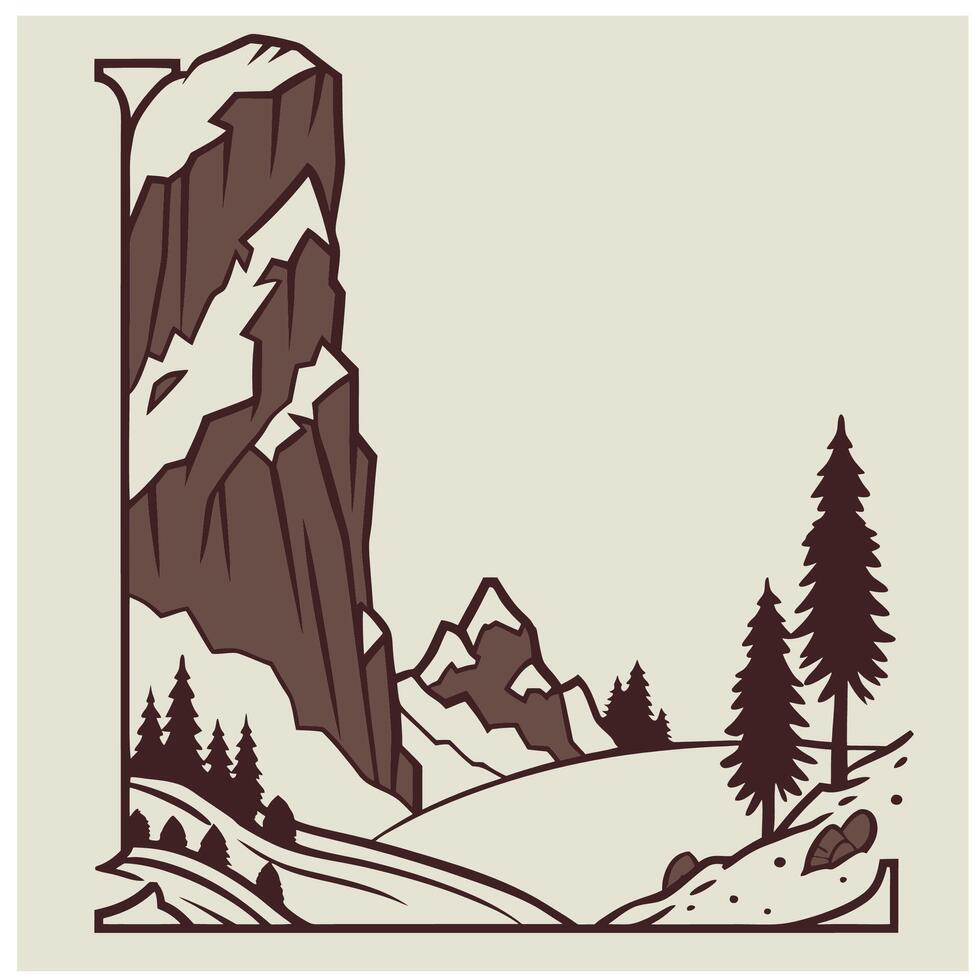 Design the letter 'L' as a sharp mountain peak with snowy textures, evergreen trees, and rugged rock formations for an alpine feel. vector