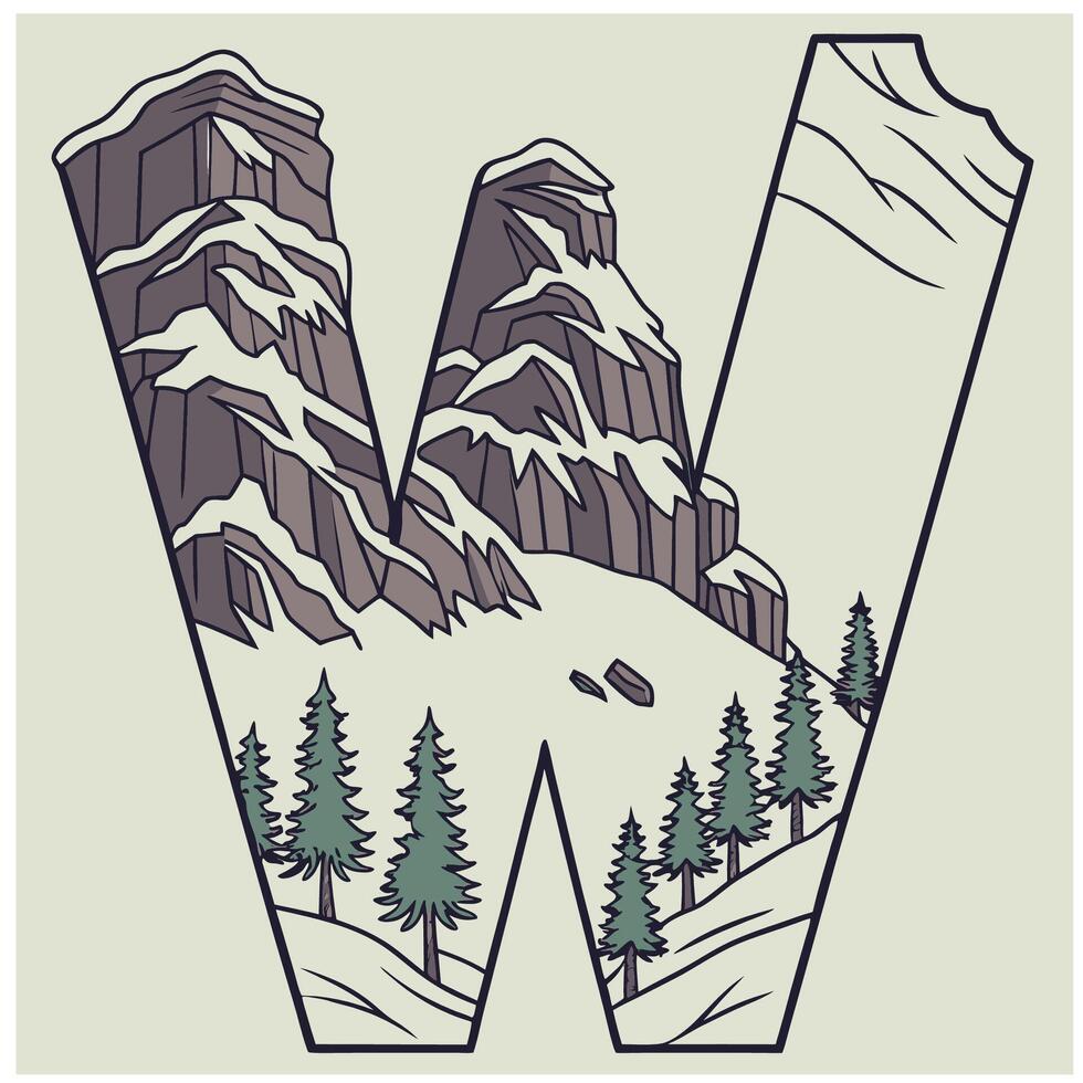 Design the letter 'W' as a sharp mountain peak with snowy textures, evergreen trees, and rugged rock formations for an alpine feel. vector