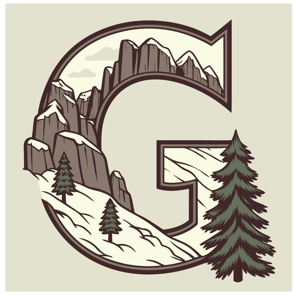 Design the letter 'G' as a sharp mountain peak with snowy textures, evergreen trees, and rugged rock formations for an alpine feel. vector
