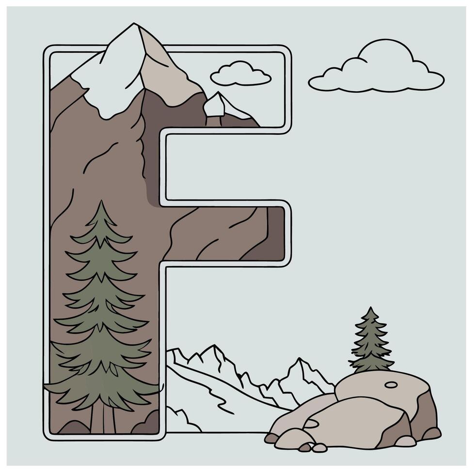 Design the letter 'F' as a sharp mountain peak with snowy textures, evergreen trees, and rugged rock formations for an alpine feel. vector