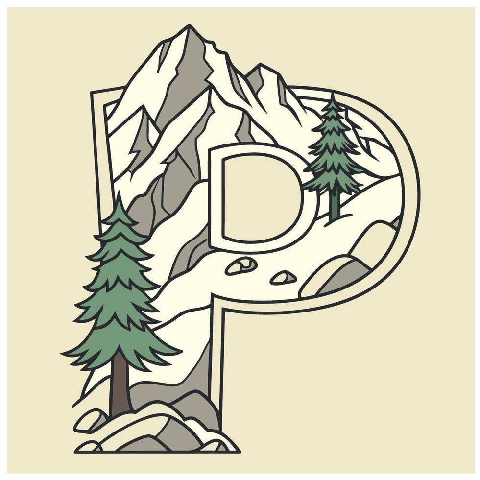 Design the letter 'p' as a sharp mountain peak with snowy textures, evergreen trees, and rugged rock formations for an alpine feel. vector