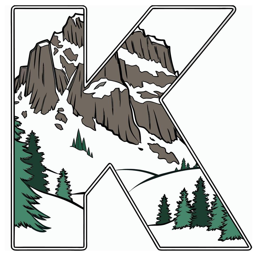 Design the letter 'K' as a sharp mountain peak with snowy textures, evergreen trees, and rugged rock formations for an alpine feel. vector