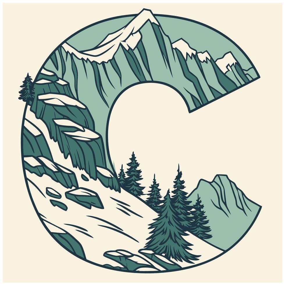 Design the letter 'C' as a sharp mountain peak with snowy textures, evergreen trees, and rugged rock formations for an alpine feel. vector