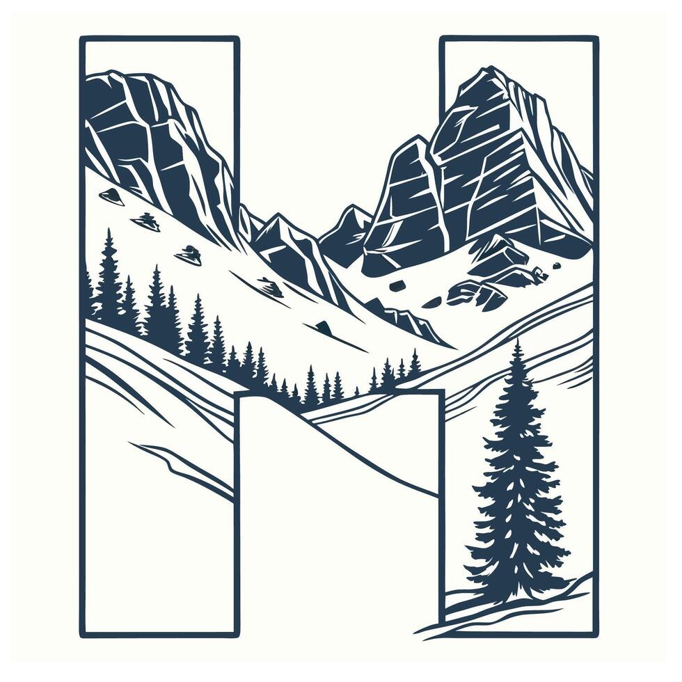 Design the letter 'H' as a sharp mountain peak with snowy textures, evergreen trees, and rugged rock formations for an alpine feel. vector