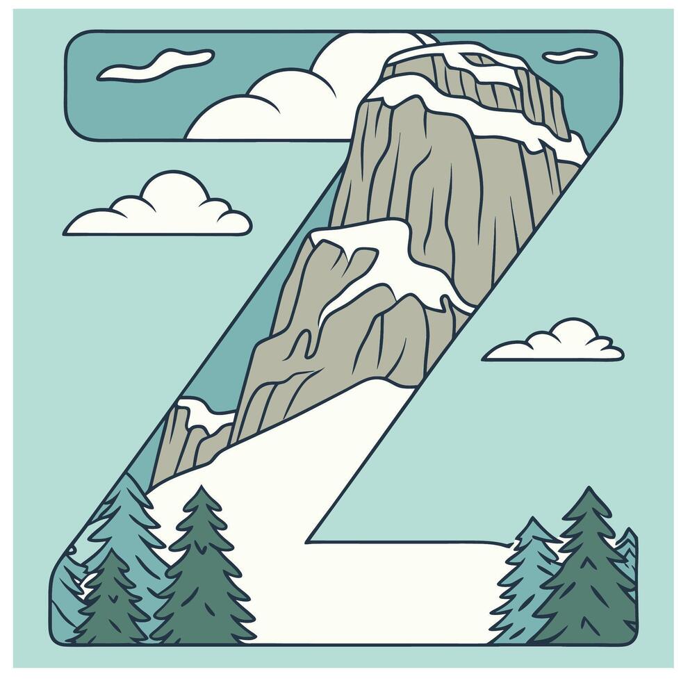 Design the letter 'Z' as a sharp mountain peak with snowy textures, evergreen trees, and rugged rock formations for an alpine feel. vector