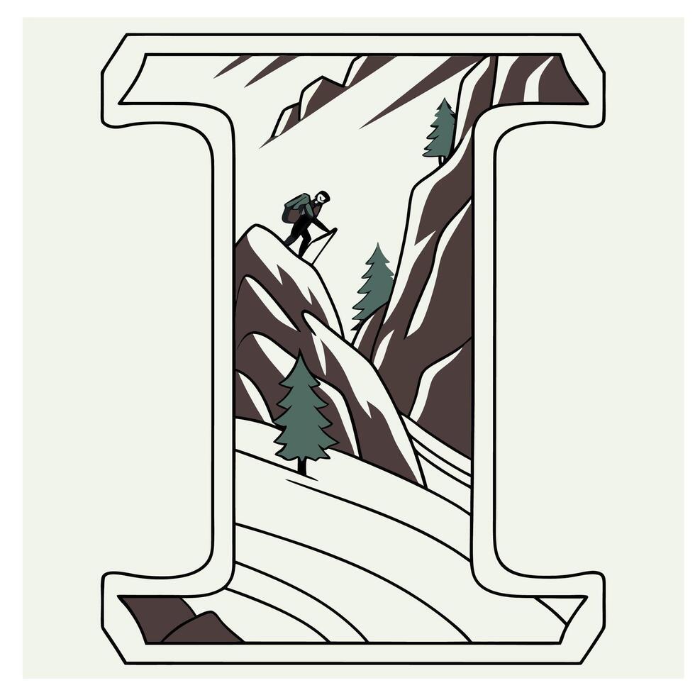 Design the letter 'I' as a sharp mountain peak with snowy textures, evergreen trees, and rugged rock formations for an alpine feel. vector