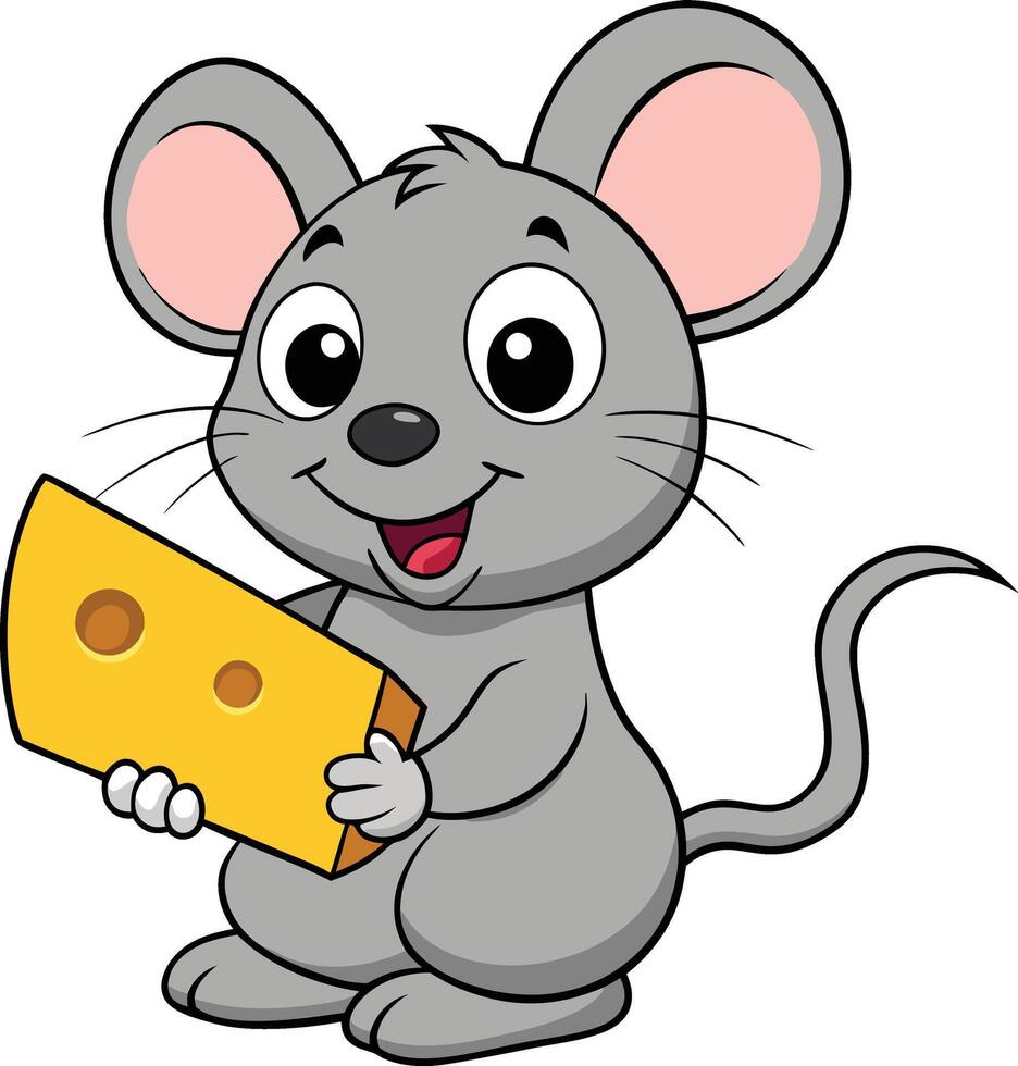 Happy Gray Mouse Holding a Piece of Cheese vector