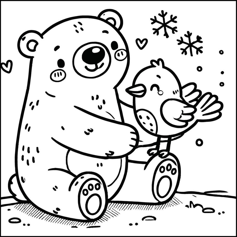 A coloring page with a bear and bird vector