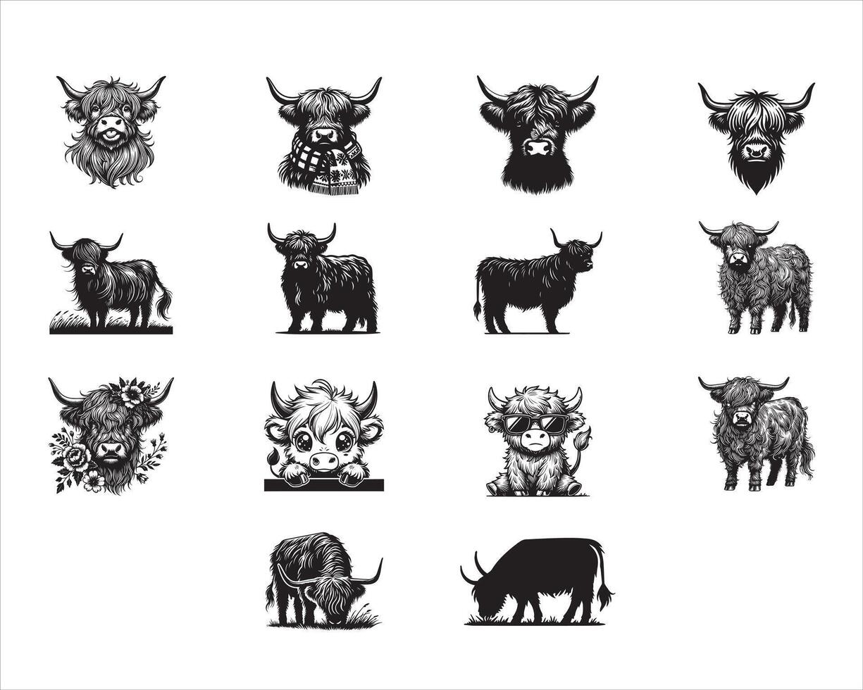 Set of Cute Highland cattle illustration , Highland Cow Clipart vector