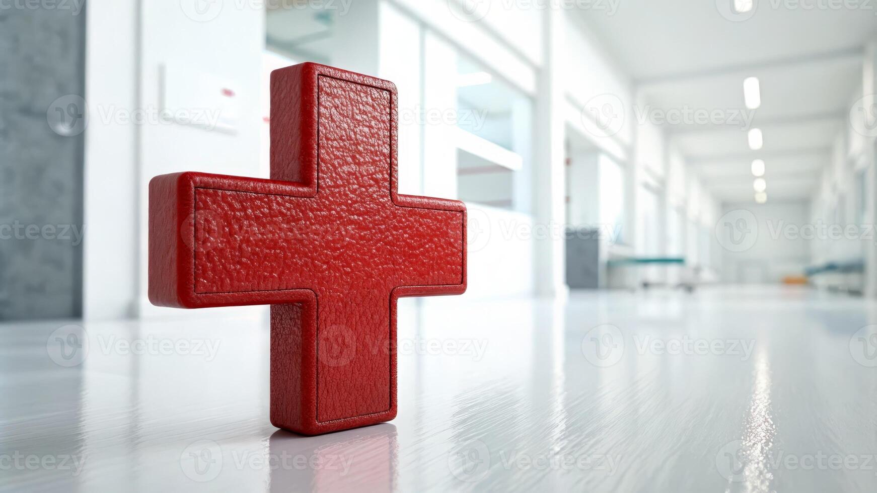 A red cross is sitting on the floor in a hospital photo