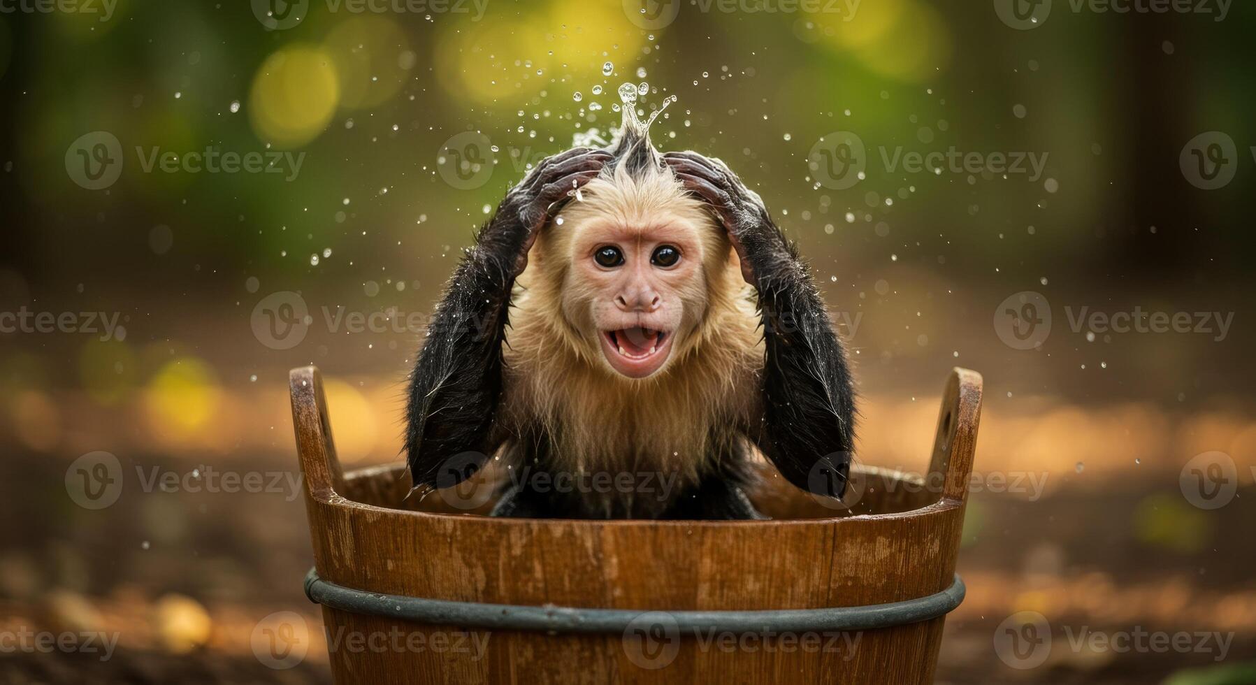 A monkey in a wooden bucket with water running down its head photo