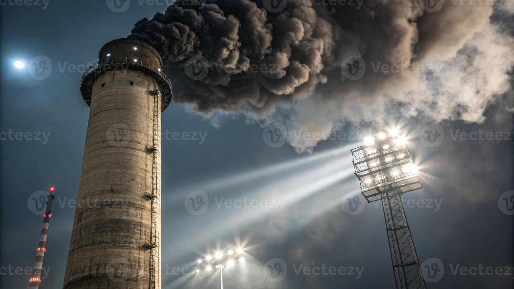 A large smoke stack is seen in the dark sky photo