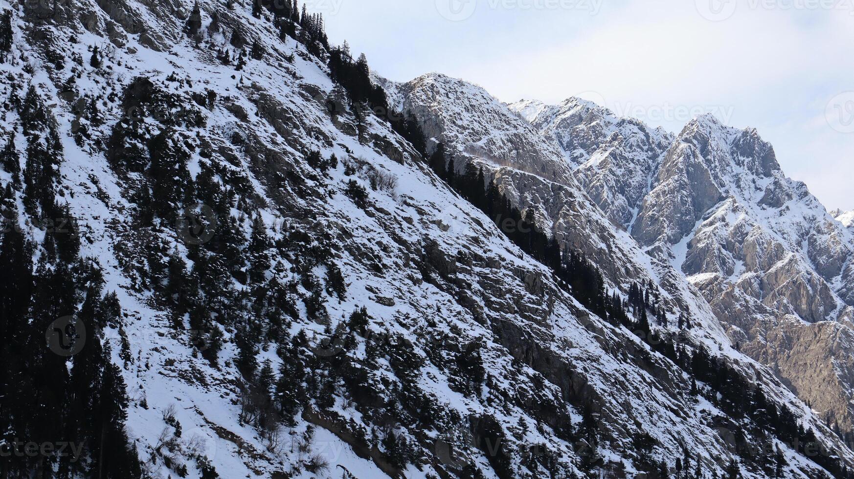 Snow-Capped Mountain Range with Rocky Slopes and Evergreen Trees in Kalam, Pakistan photo