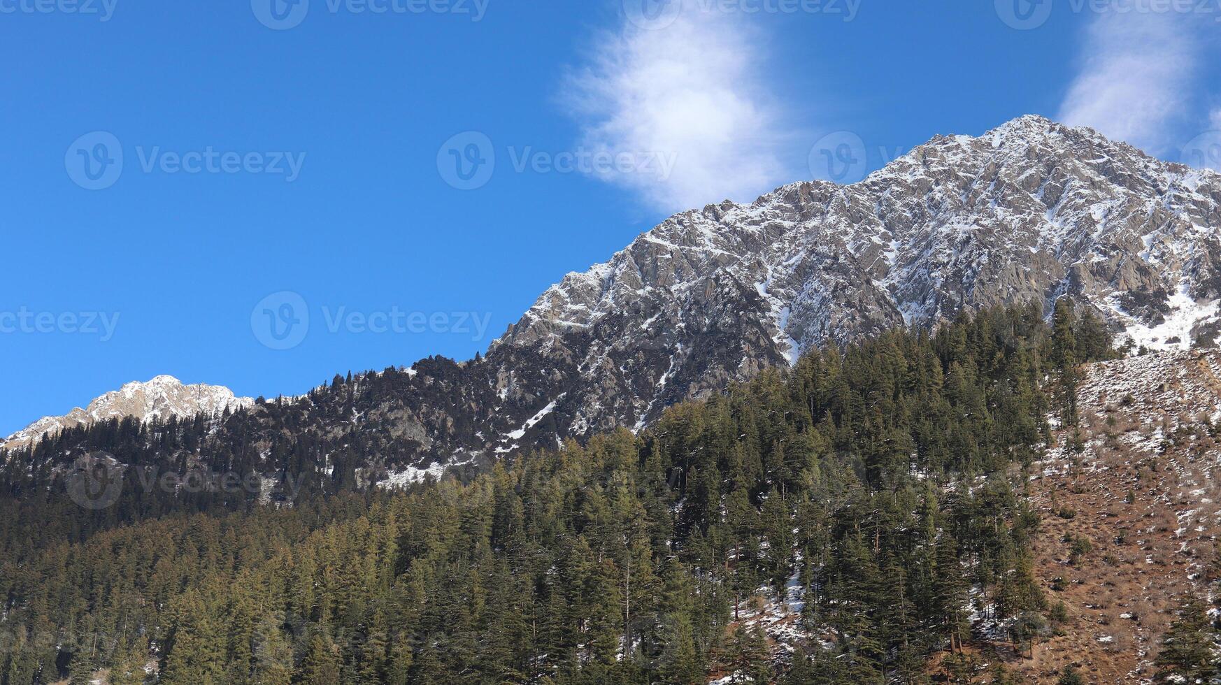 Panoramic View of Snow-Capped Peaks and Evergreen Forests in Kalam, Pakistan photo
