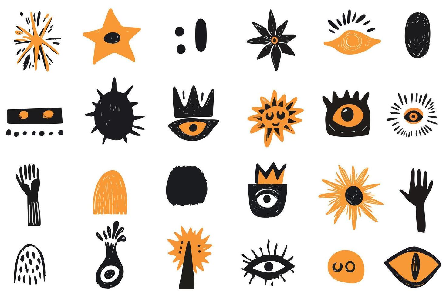 Collection of abstract grungy punk linocut shapes with eyes, suns, and hands. Charcoal marker scribble elements, geometric shapes, eye, crown, star, flower. Crayon pencil lino doodles vector