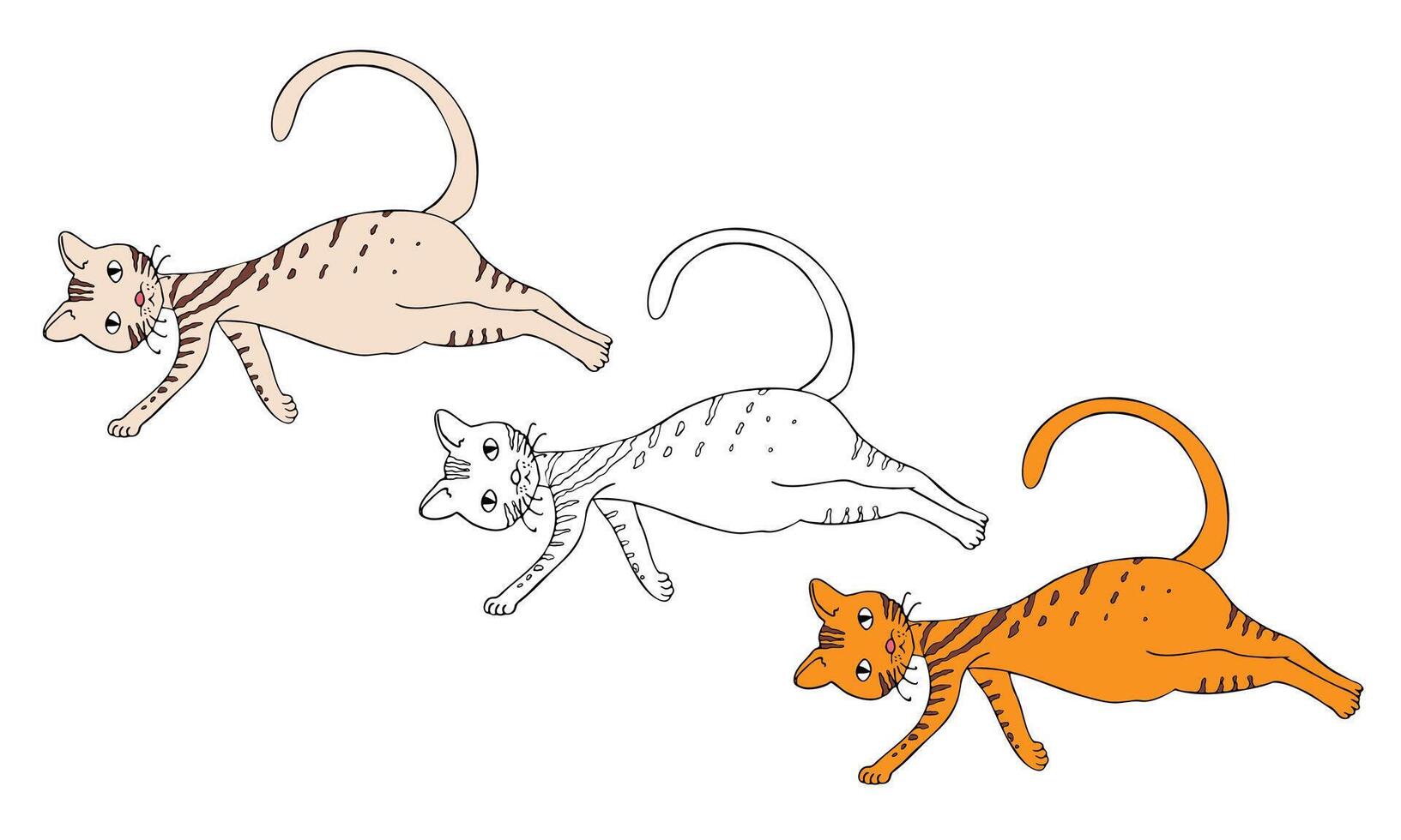A domestic cat lying on its side and looking up. Doodle simple elements isolated on a white background. Black contour, flat colors vector