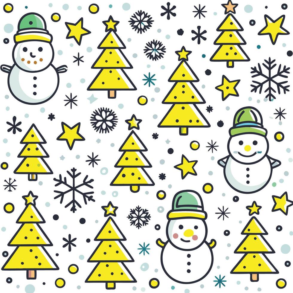 christmas snowmen and trees in a pattern vector