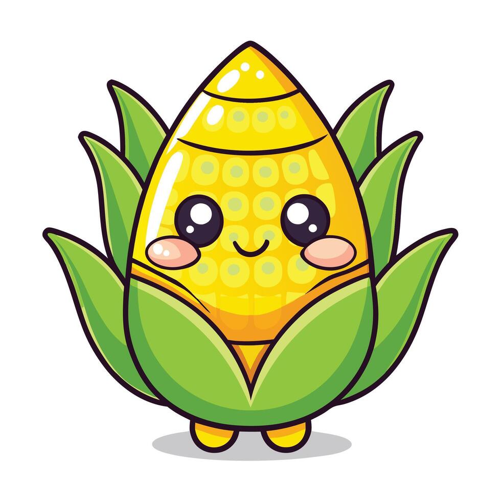 a cartoon corn with green leaves and eyes vector