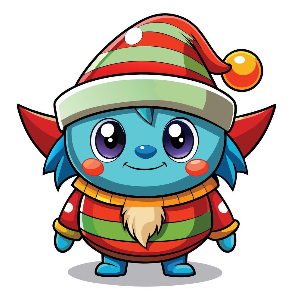 a cartoon blue elf with a hat and scarf vector