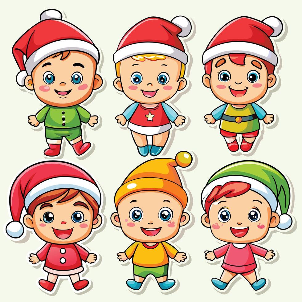 set of cartoon children wearing santa hats vector