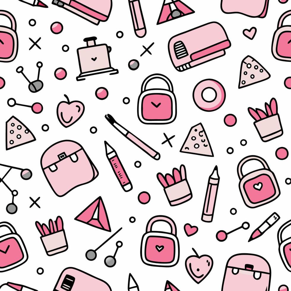 a pink and white pattern with school supplies vector