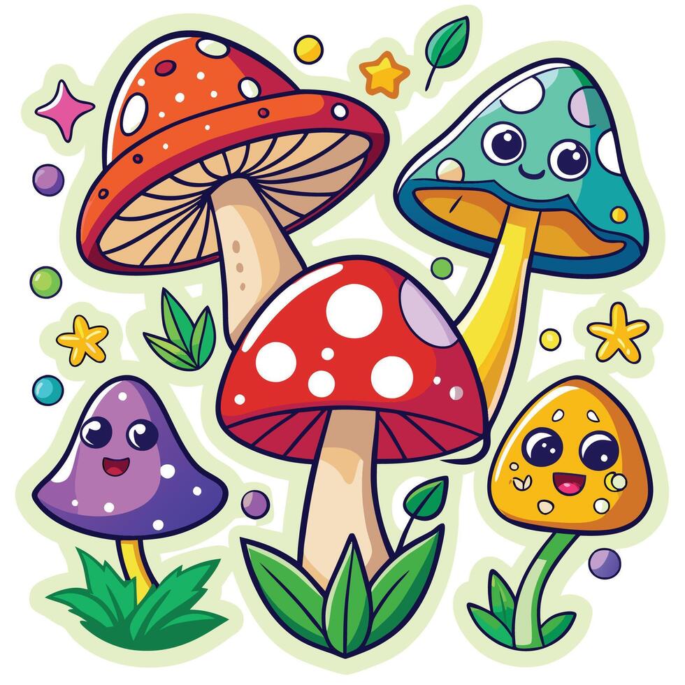 cartoon mushrooms with faces and stars vector