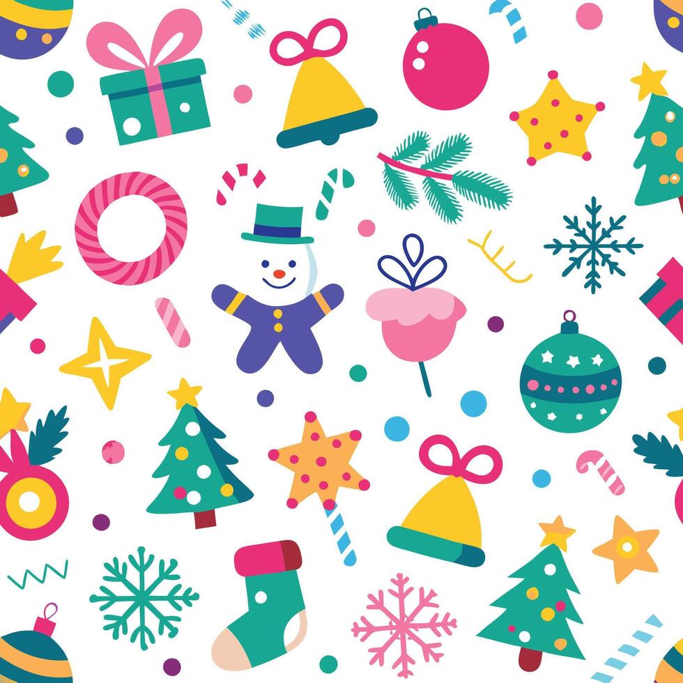 christmas seamless pattern with snowman, christmas tree, bells, snowman, star, vector