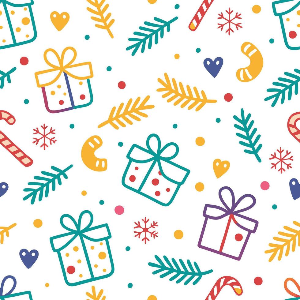 christmas seamless pattern with gifts and candy canes vector