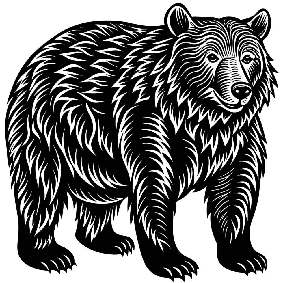 a black and white bear standing in a woodcut style vector
