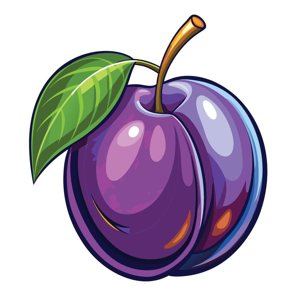 a purple plum fruit with a leaf on it vector