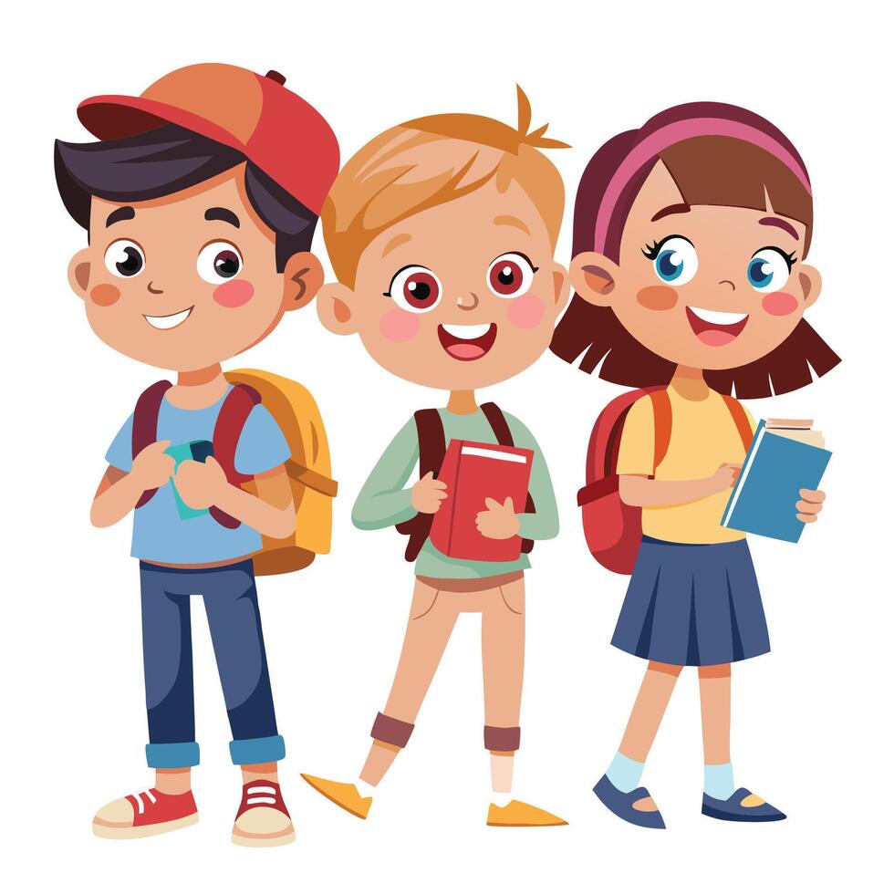 three children with backpacks and books vector