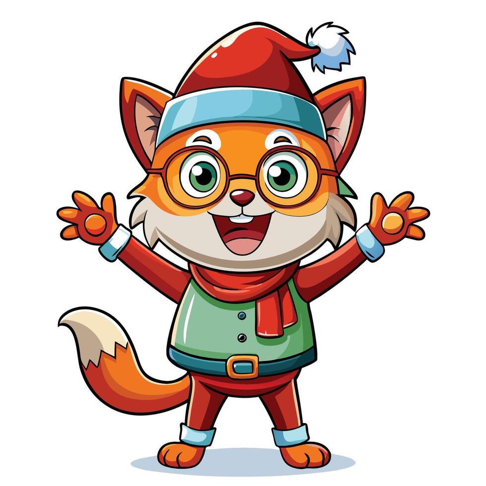 cartoon fox in christmas hat and glasses vector