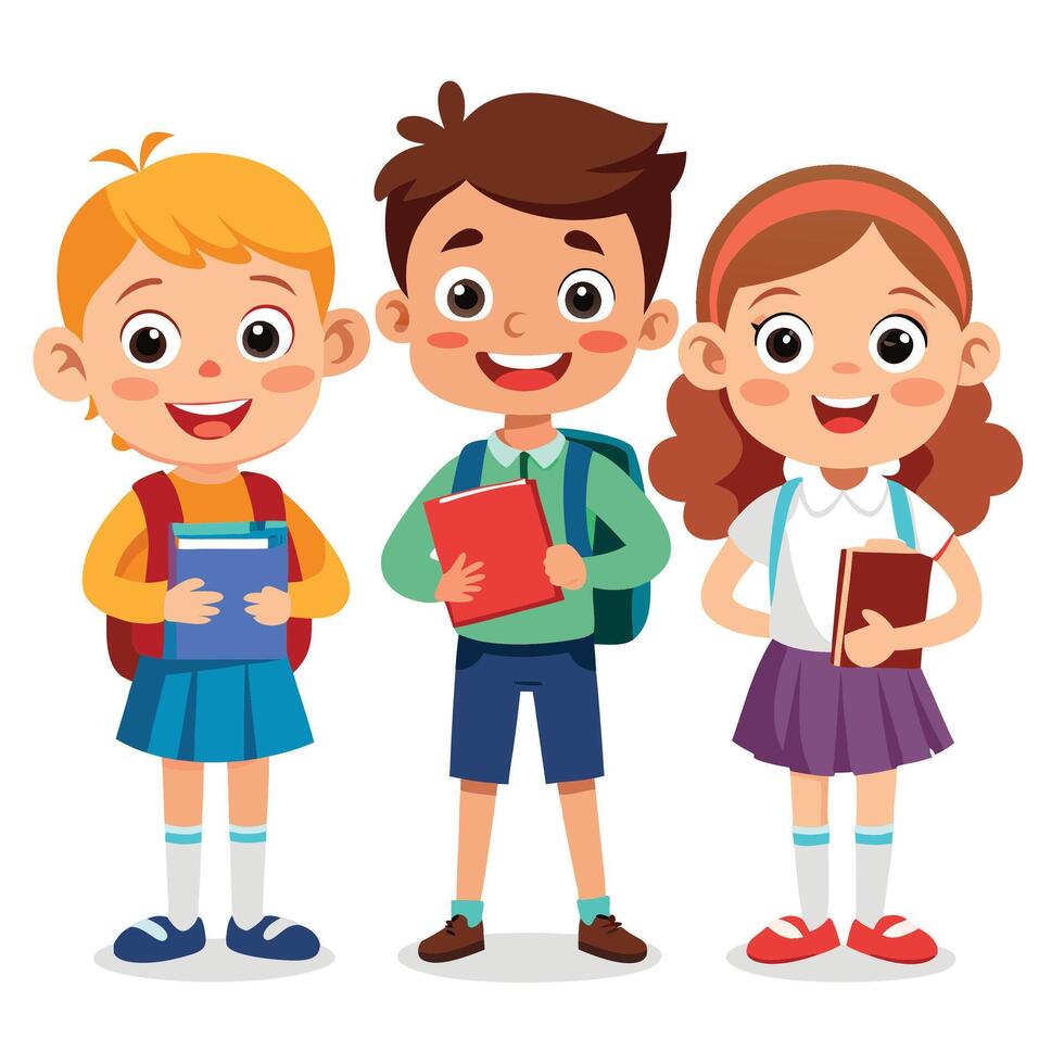 three children with books and backpacks vector