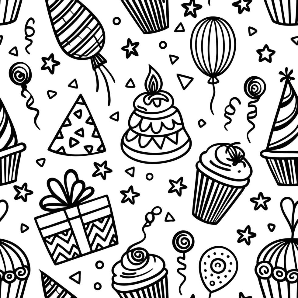 seamless birthday party pattern with cupcakes, balloons and other items vector