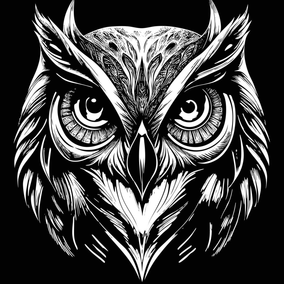 an owl head with large eyes on a black background vector