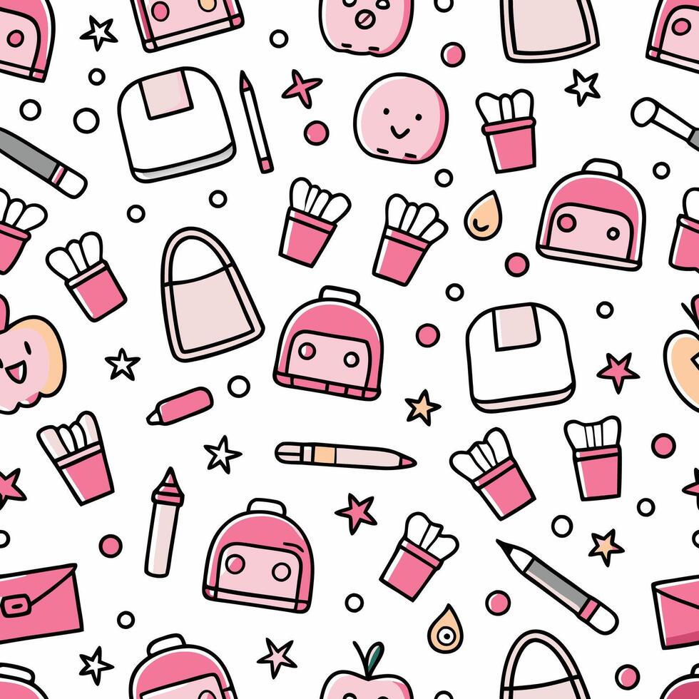 a pink school bag pattern with various items vector